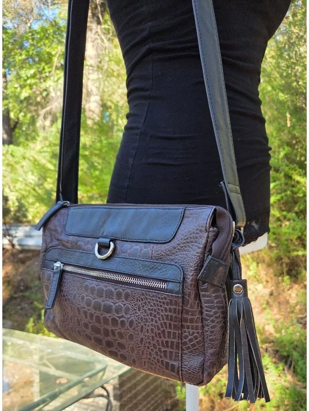 Vintage Great American Leather Works Brown Leather Crossbody Bag Croc Embossed